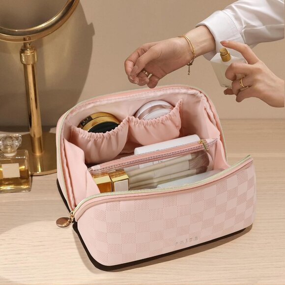 Makeup Bag for Women Travel Waterproof Vegan Leather Cosmetic Bag Open Flat Toil - Picture 2 of 9